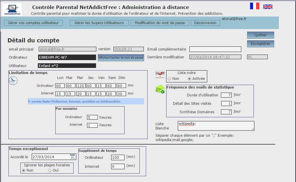 NetAddictSoft - Réglage des limitations de temps et paramètres pour ordinateur Windows