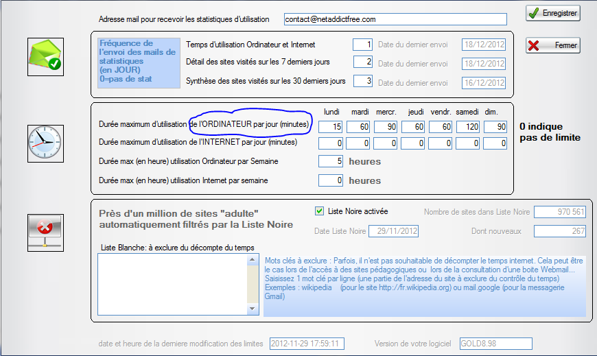 fonction Limitations Temps utilisateur - NetAddictSoft
