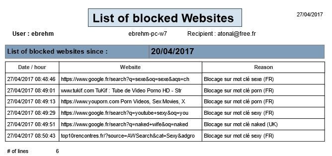 NetAddictSoft - List of blockages carried out by web filtering